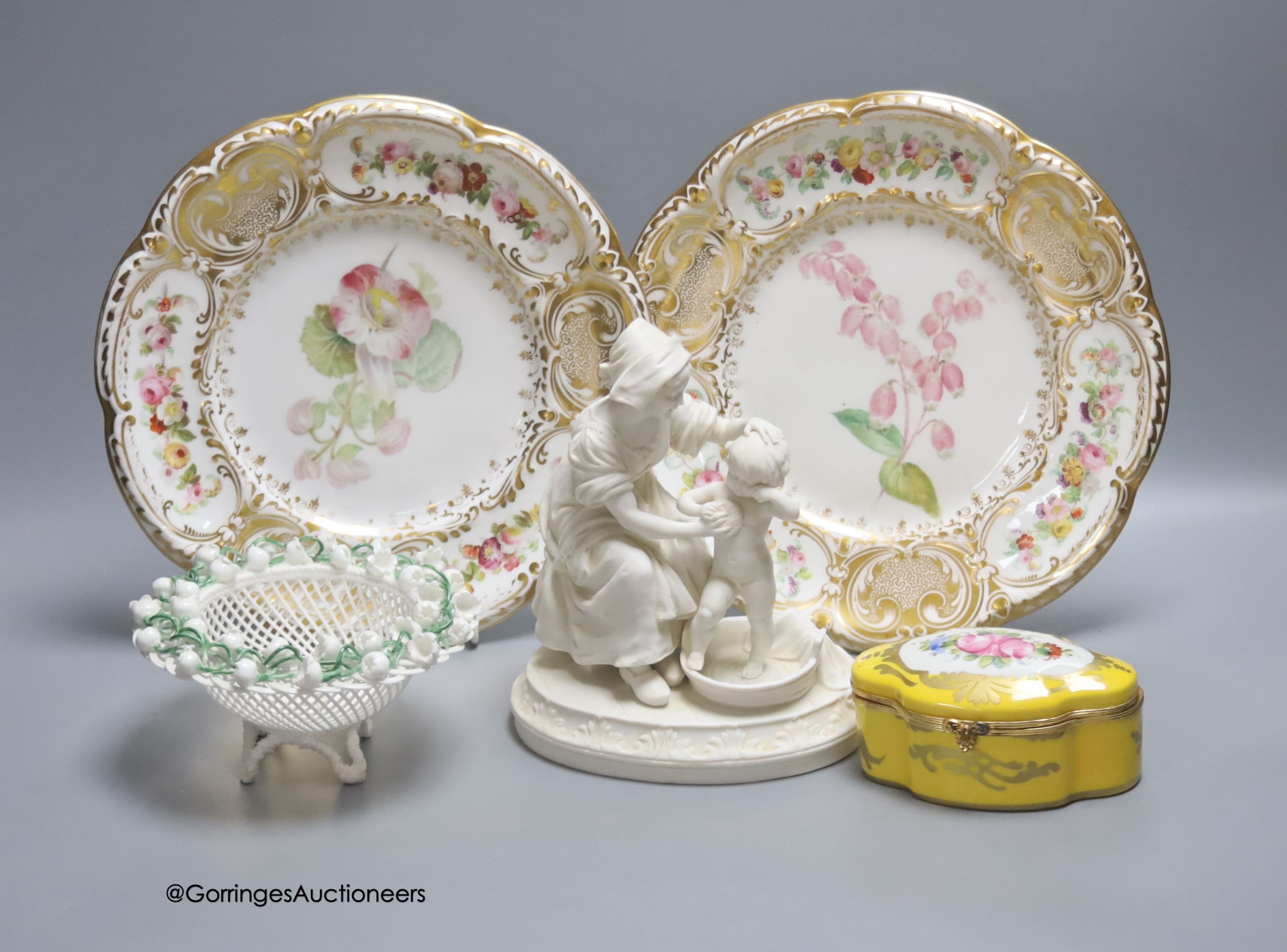 A pair Victorian dessert plates, a Parian Ware group, 'Bathtime', a Limoges box with hinged cover and a 'Celtic Weave' bowl